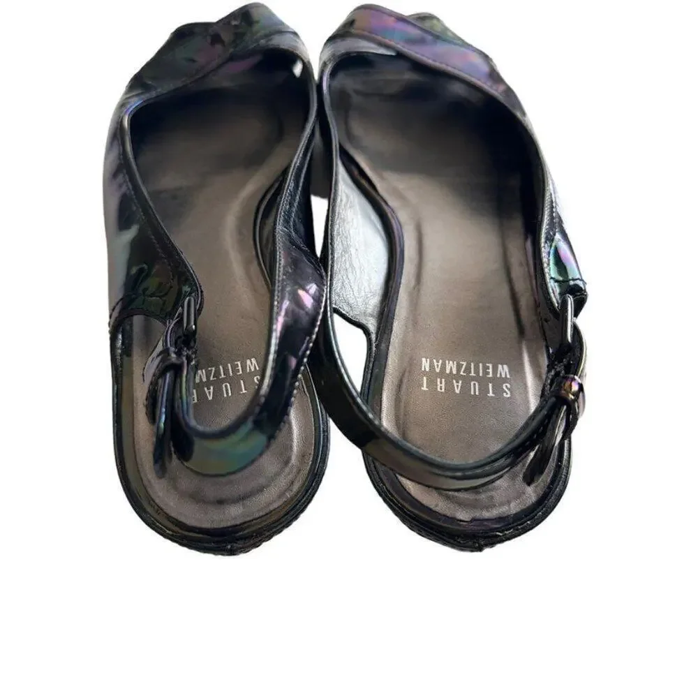 Stuart Weitzman Patent Leather Sling Back Flats Women's 8 Black‎ Petrol Patent